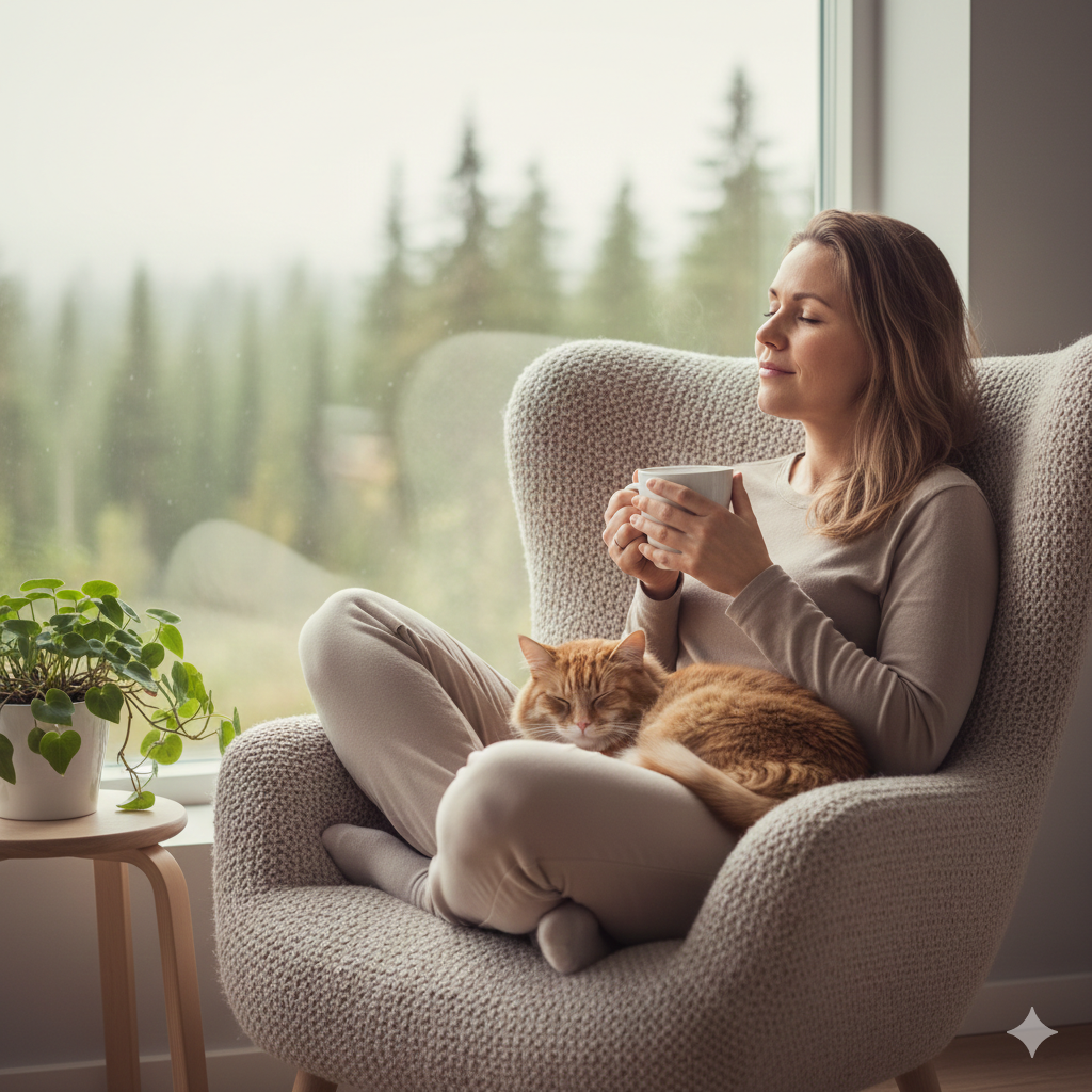 Nainen lepäämässä nojatuolissa